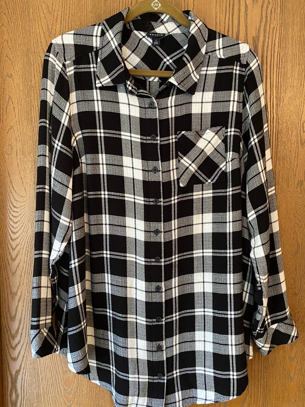 Torrid - Lizzie Crinkle L/S Flannel Gauze, Button up Tunic, B/W Plaid, Sz 1X